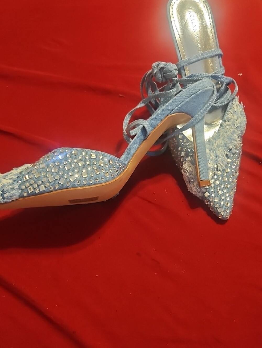 Light Blue Embellished Pointed-Toe Lace-Up Mules - Picture 3 of 4